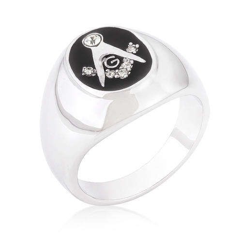 Silvertone Onyx Cubic Zirconia Masonic Men's Ring  *USA IMPORT*